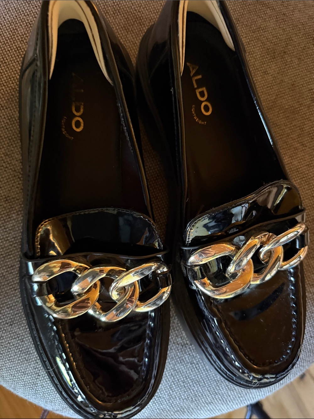 Aldo Black Patent Loafers with Chunky gold Chain